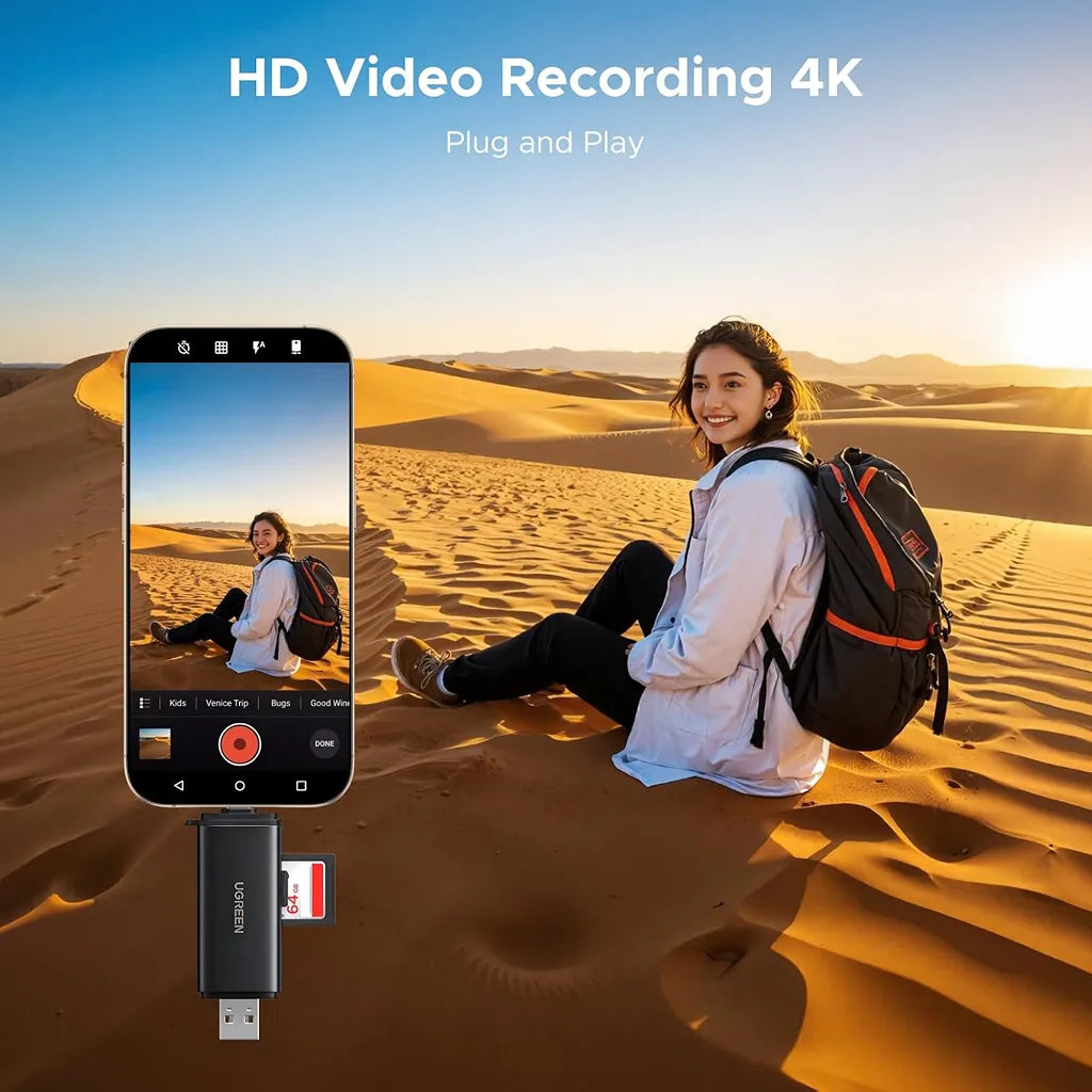 UGREEN 65024 USB-C SD Card Reader Plugged into Smartphone for 4K HD Video Recording tpstech.in