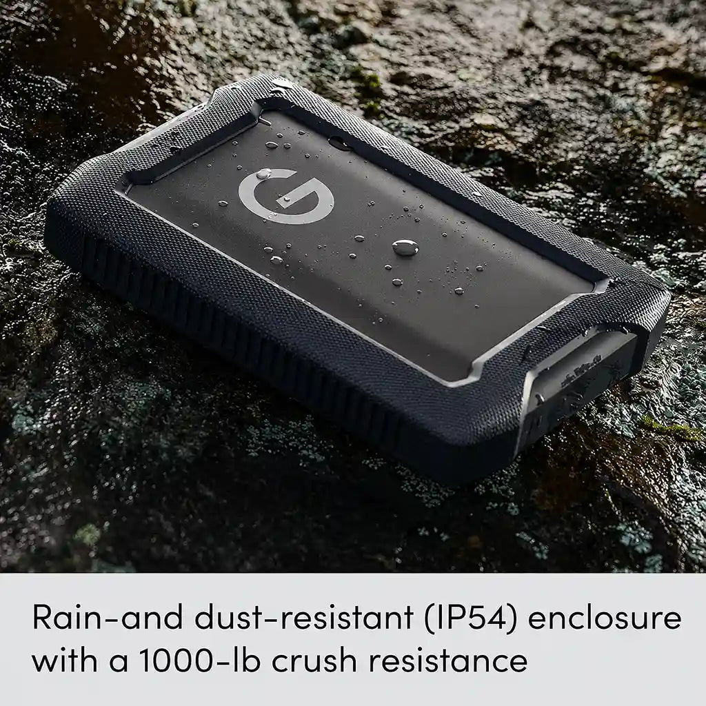 Western Digital G-DRIVE ArmorATD 2TB rugged portable hard drive with IP54 rain and dust resistance for reliable outdoor data storage.