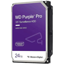 Western Digital Purple Pro 24TB 3.5-inch SATA 7200RPM Surveillance Hard Disk Drive front view with OptiNAND technology for AI-enabled surveillance and enterprise NVR systems.