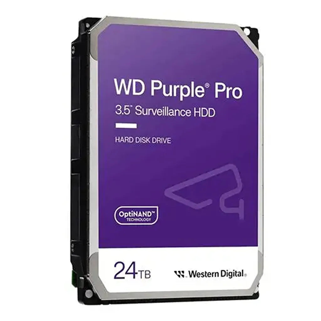 Angled view of the Western Digital Purple Pro 24TB 3.5-inch SATA 7200RPM Surveillance Hard Disk Drive with purple label and enterprise-grade design.