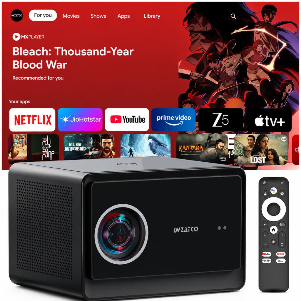 WZATCO Legend GT Google TV Smart Projector with remote control displaying streaming apps for an immersive home cinema experience.