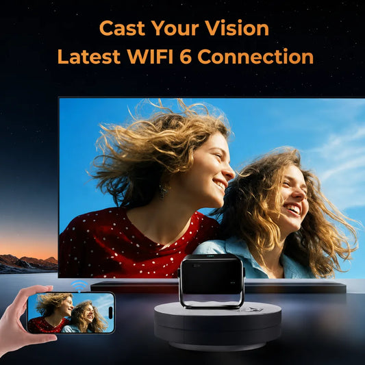 WZATCO Yuva Vibe Smart Projector with WiFi 6 wireless screen mirroring for Full HD home theater entertainment.
