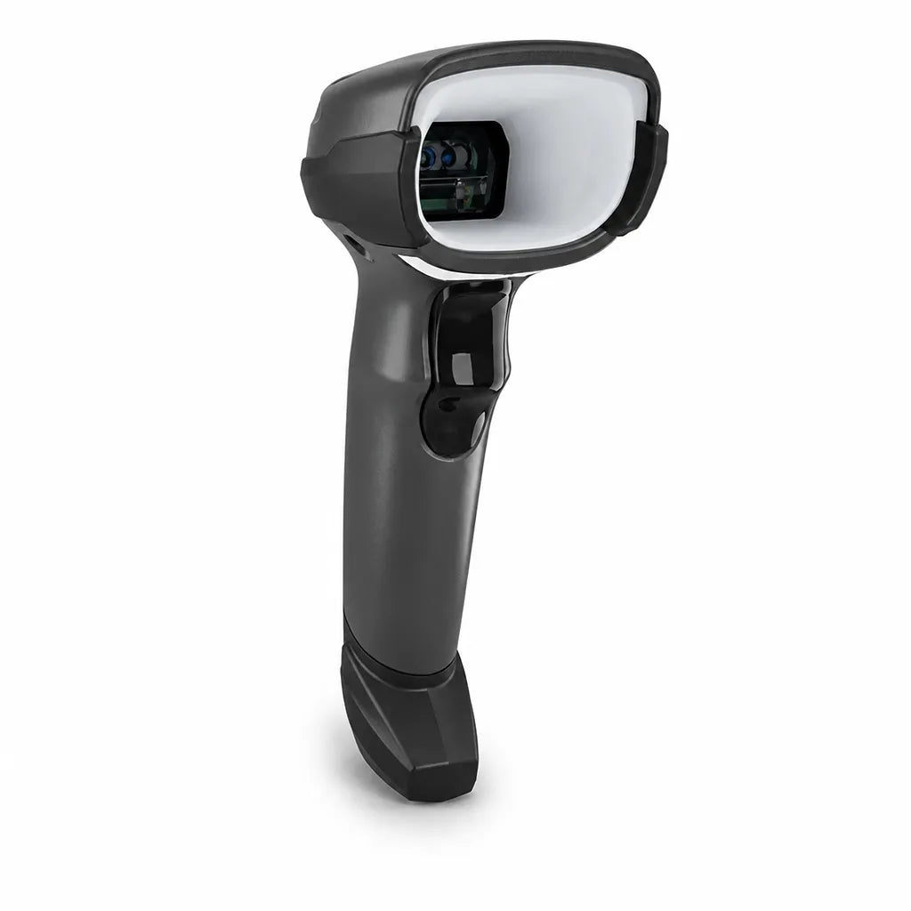 Front right angle view of Zebra DS4608-XD High-Density 2D Barcode Scanner Corded in Black with precision scan engine on a white background.