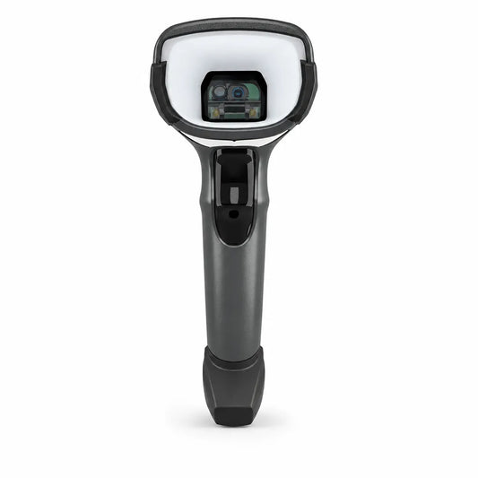 Front view of Zebra DS4608-XD High-Density 2D Corded Barcode Scanner in Black with high-performance scanning window on a white background.