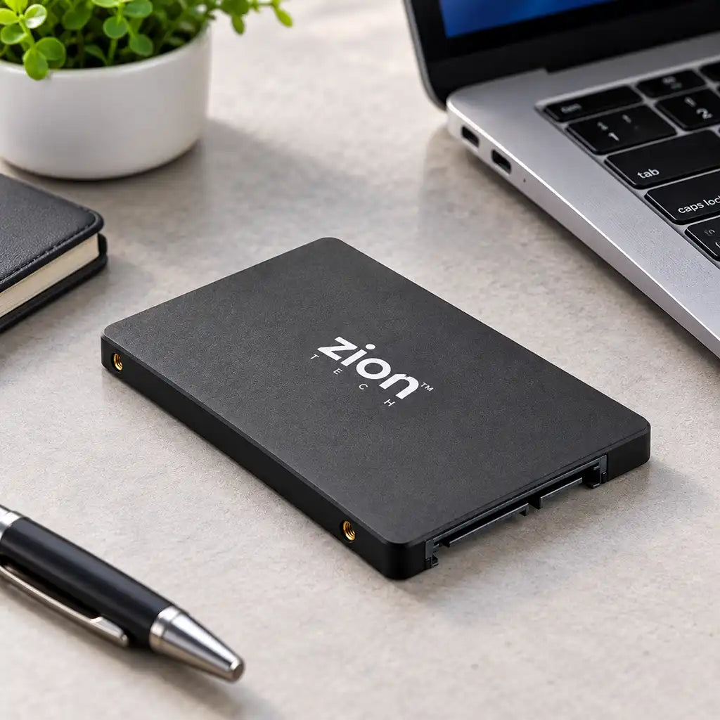 ZION 256GB SATA III SSD 550MB/s on Office Desk with Laptop - tpstech.in