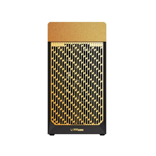 Front view of ZOTAC GAMING ALLOY mATX Computer Case Black featuring high airflow front panel and premium metal finish.