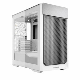 ZOTAC GAMING ALLOY mATX Computer Case White with tempered glass side panel and high-airflow front design, front left angled view.