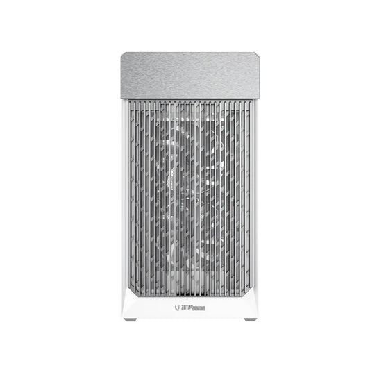 Front view of the ZOTAC GAMING ALLOY mATX Computer Case White featuring a high-airflow front panel for Micro-ATX and Mini-ITX PC builds.