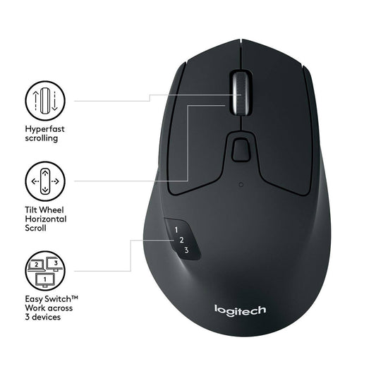 Logitech M720 Triathlon Multi-Device Optical 2.4 GHz Wireless Bluetooth Mouse - Black