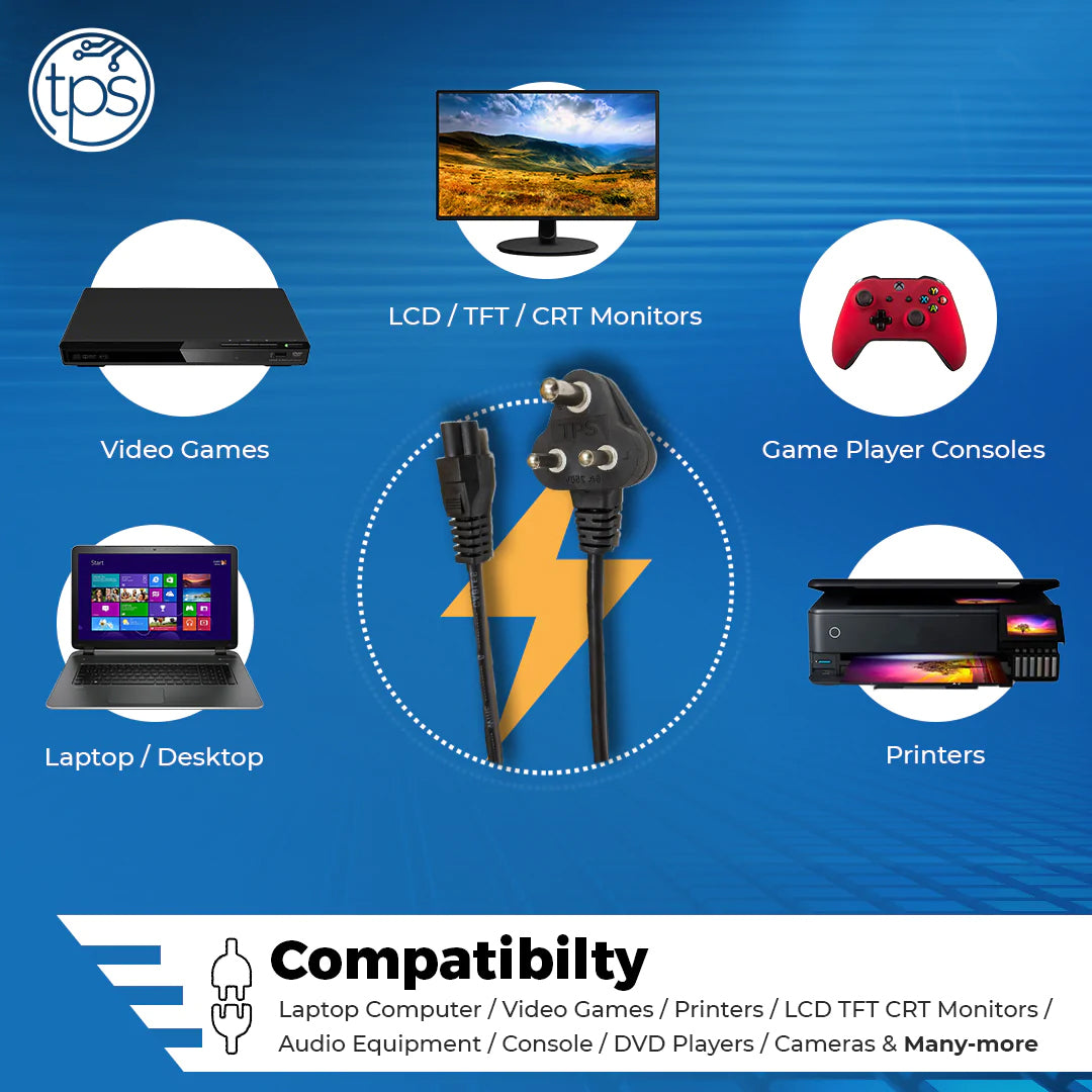 TPS Laptop Power Cable Cord 1.5 Meter 3 Pin Indian Plug C5 Connector BIS Certified