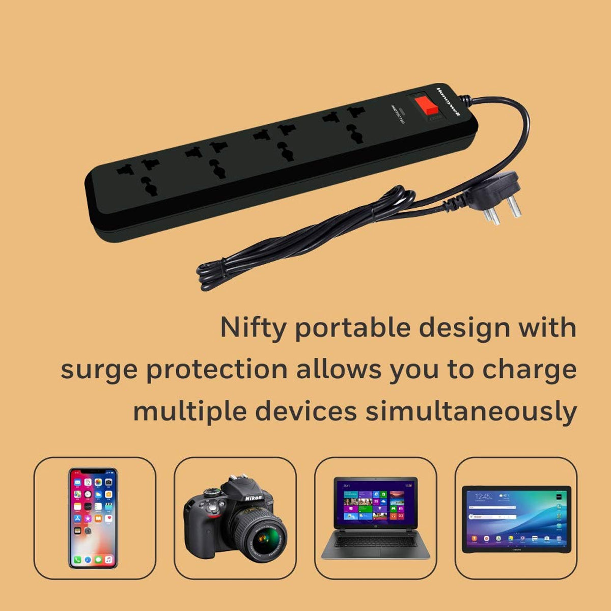 Honeywell 4 Output Surge Protector Extension Cable with Master Switch and LED Indicator