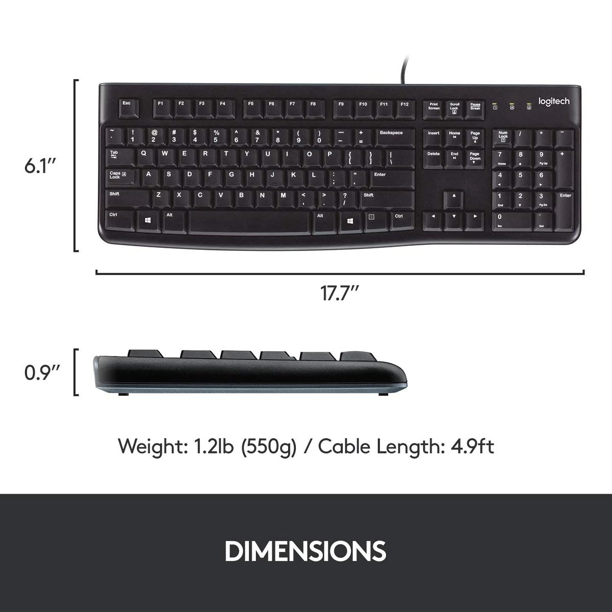 Logitech K120 Corded USB Keyboard with Spill Resistant Design - Black