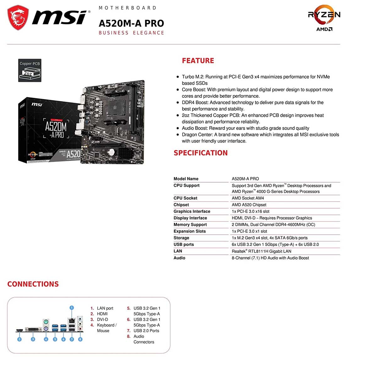 MSI A520M-A PRO AMD AM4 mATX Motherboard with Core Boost and Audio Boost