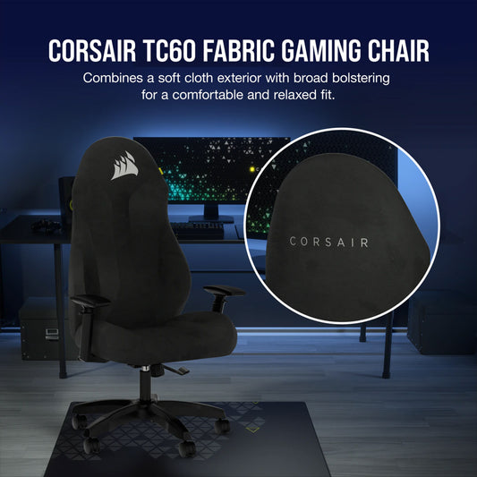 CORSAIR TC60 Fabric Black Gaming Chair with 105° Reclining Seat and 3D Arm Adjustment
