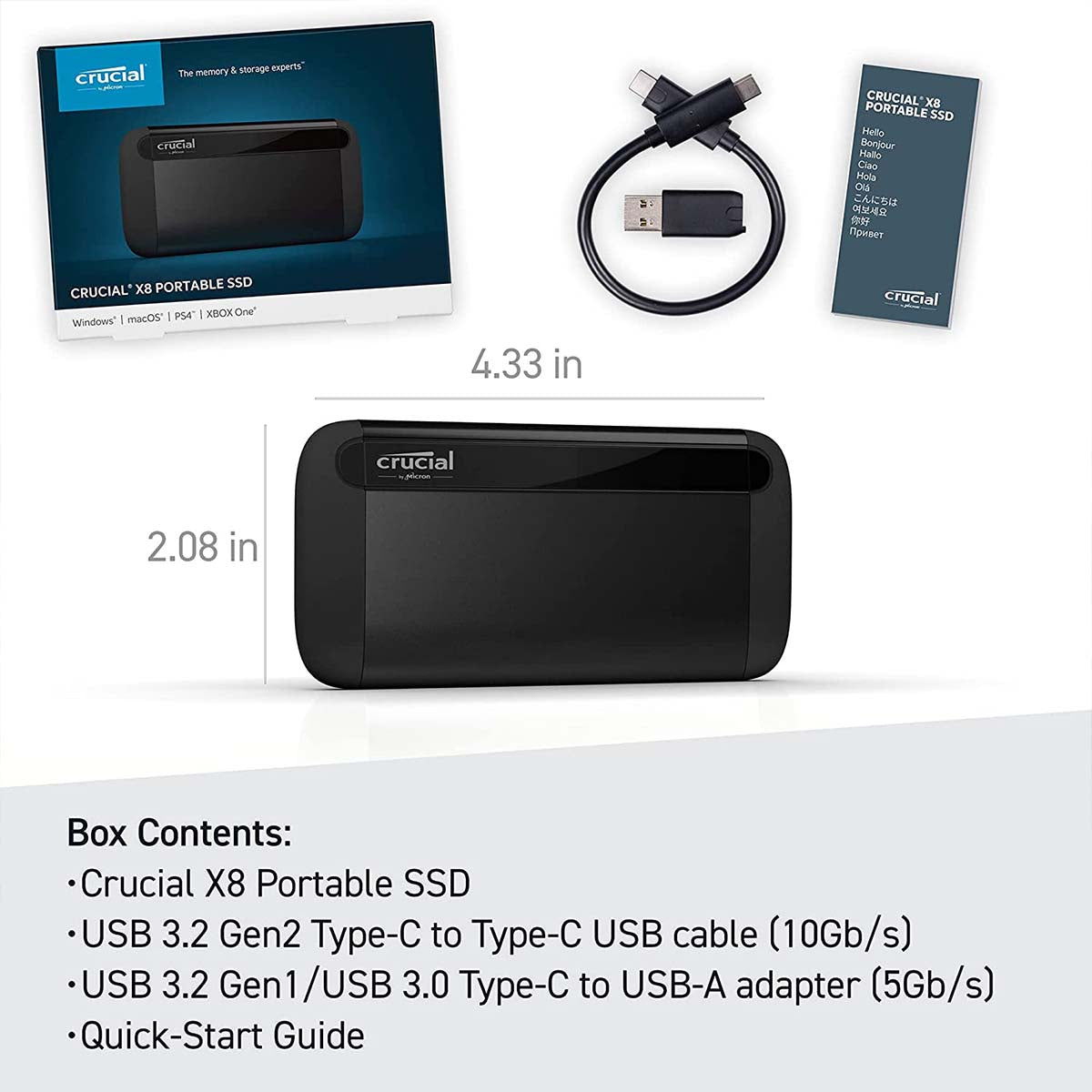 Crucial X8 2TB Portable USB 3.2 Gen 2 Type-C External SSD