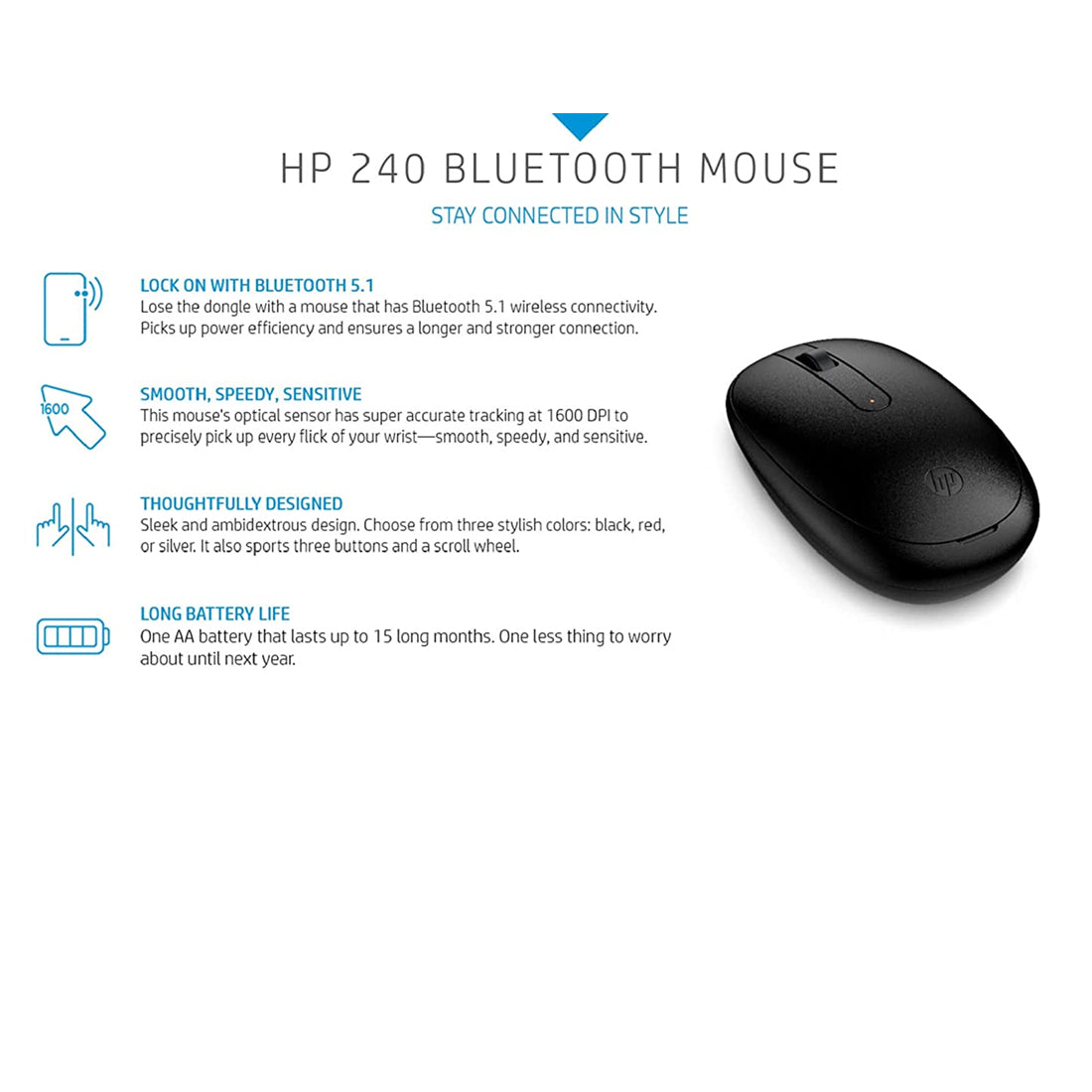 HP 240 Bluetooth Optical Mouse with 1600 DPI and 3 Buttons