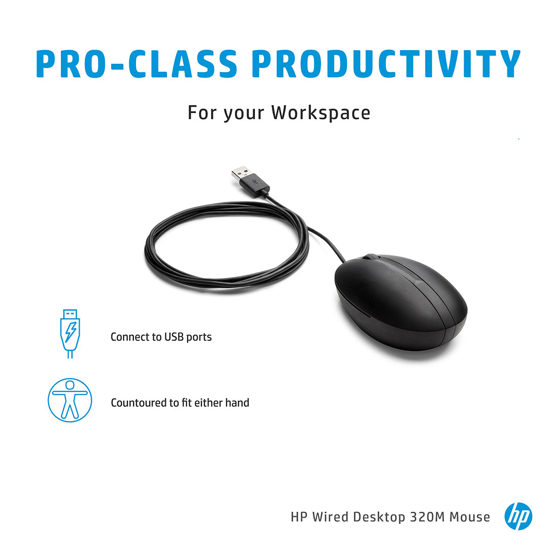 HP 320M Wired Desktop Optical Mouse with 3 Buttons and Ergonomic Design