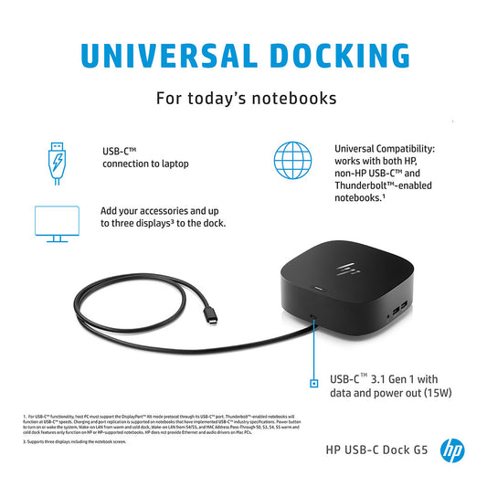 HP USB-C Dock G5 Docking Station with Thunderbolt RJ-45 Port and Up to 3 Displays Connectivity