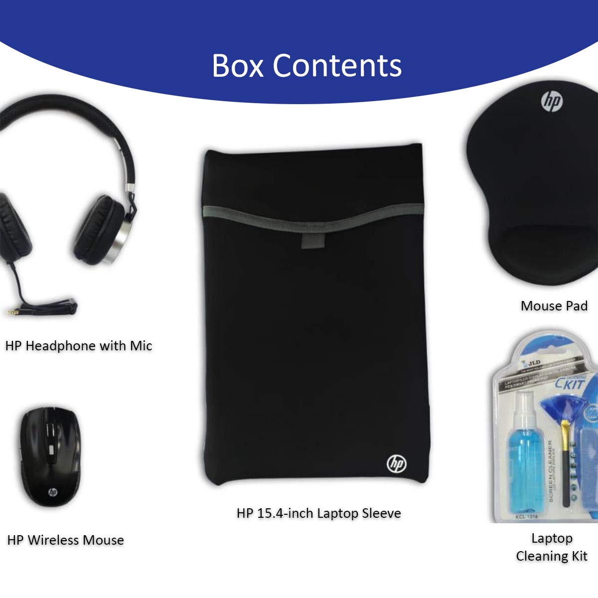 HP Laptop Accessories Combo Kit of Wireless Mouse Headphone with mic 15.4 inch Laptop Sleeve Mouse pad and Laptop Cleaning Kit