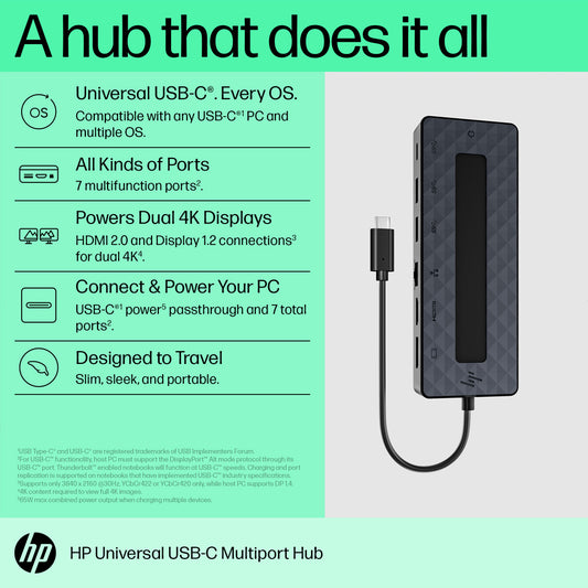 HP Universal USB-C Multiport Hub, HDMI Port, RJ45 Ethernet Port, DisplayPort 1.2 Ports, 4K Dual Outputs, USB-A, 3.2 Ports, USB-C Passthrough