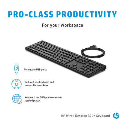 HP 320K Wired Desktop Full-Size Keyboard with Low-Profile Quiet Keys and Adjustable Height