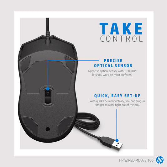 HP 100 Wired Optical Mouse with 1600DPI and Ambidextrous Design