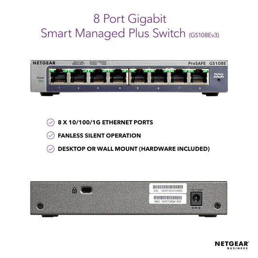 NETGEAR GS108E 8-Port Gigabit Plus Network Hub
