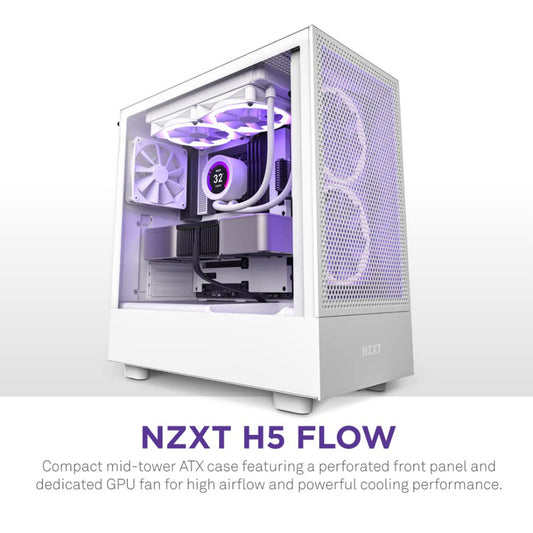 NZXT H5 Flow White Compact Mid-tower Case with Two Pre-Installed 120mm fans and Tempered Glass