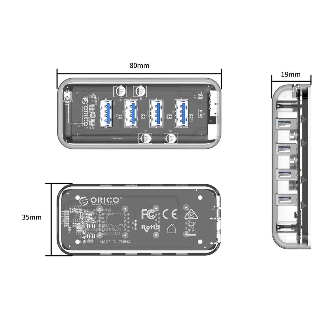 ORICO F4U-U3 4 Port USB3.0 Transparent HUB with USB3.0 Type-A