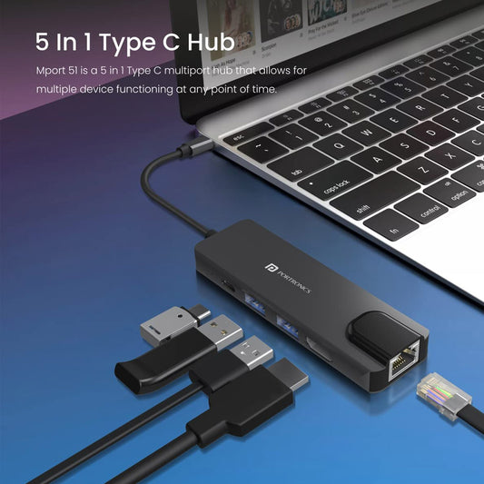Portronics Mport 51 5-In-1 Type-C USB Hub with Ethernet and HDMI Port