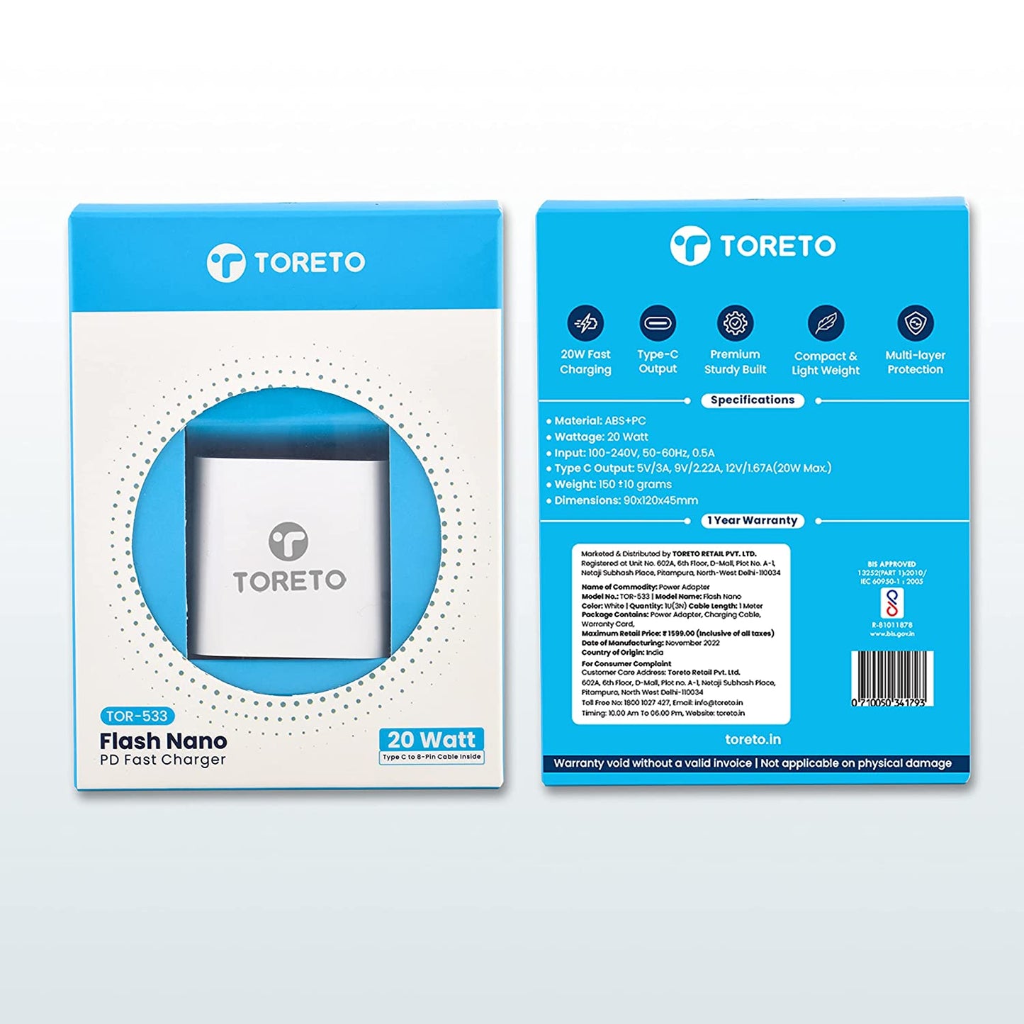 Toreto Flash Nano 20W USB-C Fast Charging Adapter with USB-C to Lightning Cable