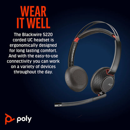 Poly Blackwire C5220 Passive Noise Cancellation USB-A Stereo Headset with Boom Microphone