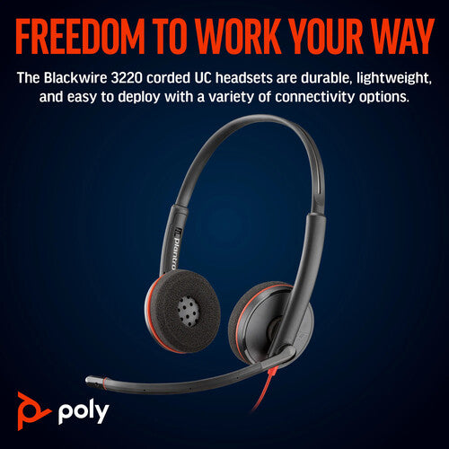 Poly Blackwire C3220 USB HYBRID (C+A) Stereo Headset with Noise Canceling Boom Microphone
