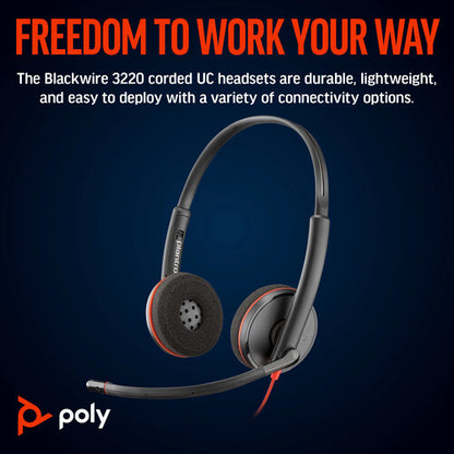 Poly Blackwire C3220 USB HYBRID (C+A) Stereo Headset with Noise Canceling Boom Microphone