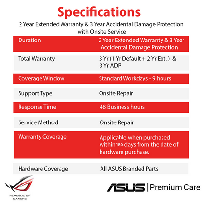 ASUS Premium Care 2 Year Extended Warranty & 3 Year Accidental Damage Protection Pack with Onsite Service for Gaming Laptops