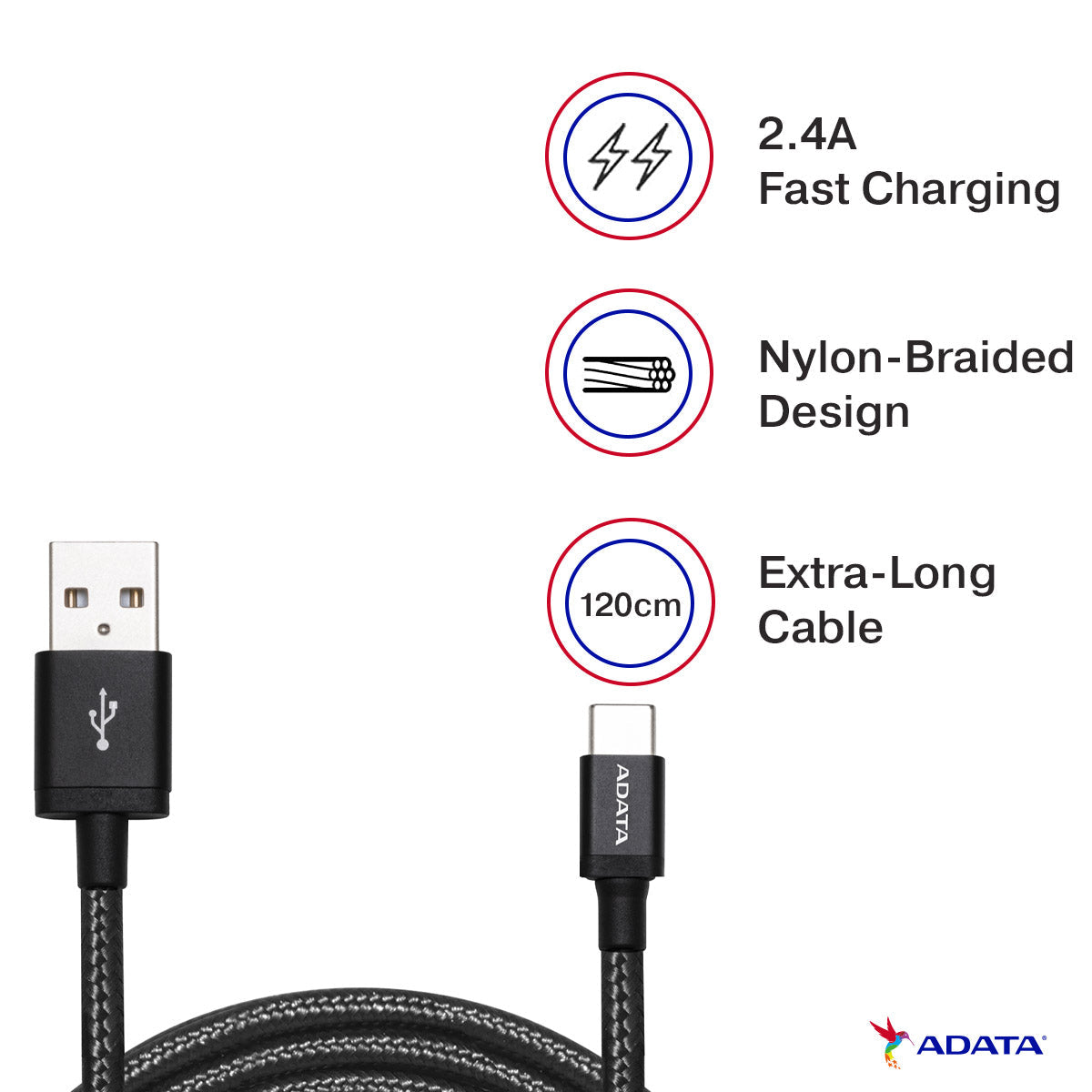 [RePacked]ADATA 2.4A Fast Charging Nylon Braided USB-C SYNC & Charge Cable with Reversible Design