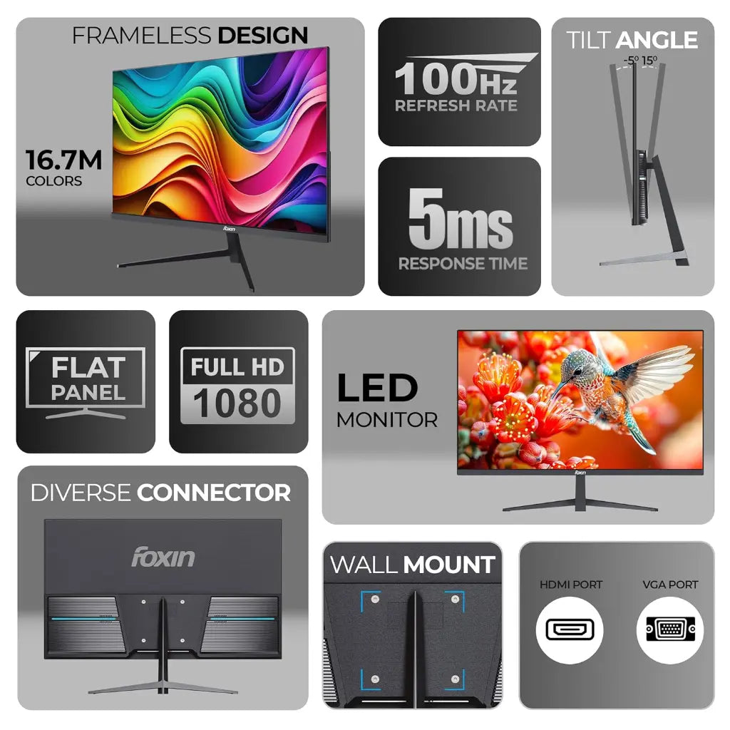 Foxin Elite Series 24" 100Hz Full HD Flat LED Monitor Frameless Design-tpstech.in