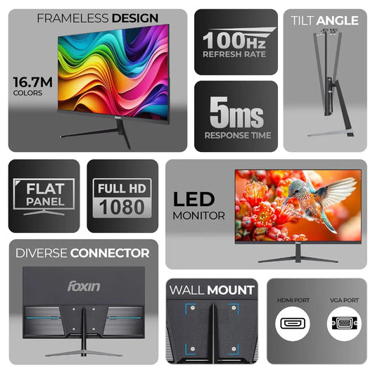 Foxin Elite Series 24" 100Hz Full HD Flat LED Monitor Frameless Design-tpstech.in