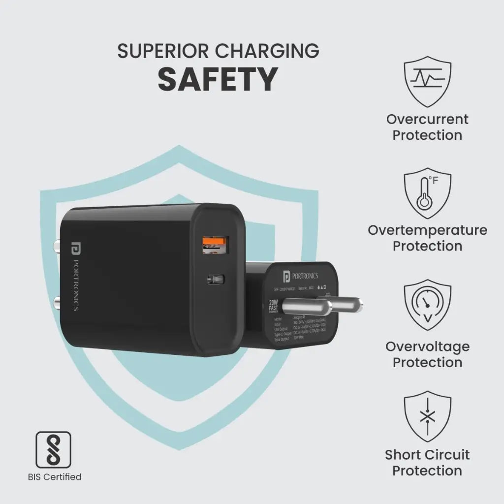 Portronics Adapto 45 POR 1445 20W Dual Port Fast Charger with USB C and USB A Output-tpstech.in