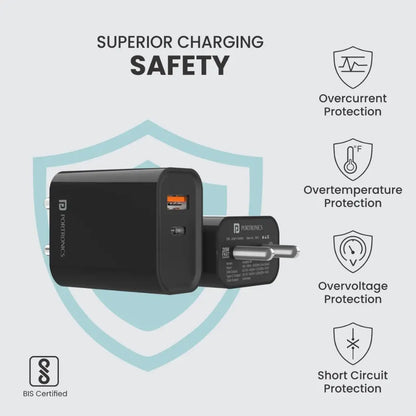 Portronics Adapto 45 POR 1445 20W Dual Port Fast Charger with USB C and USB A Output-tpstech.in