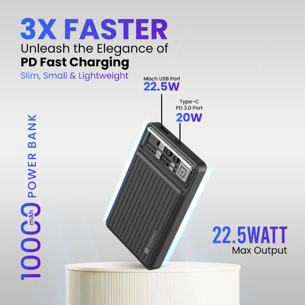 Portronics Luxcell Mini 10K 10000mAh Power Bank 22.5W Fast Charging - Black-tpstech.in