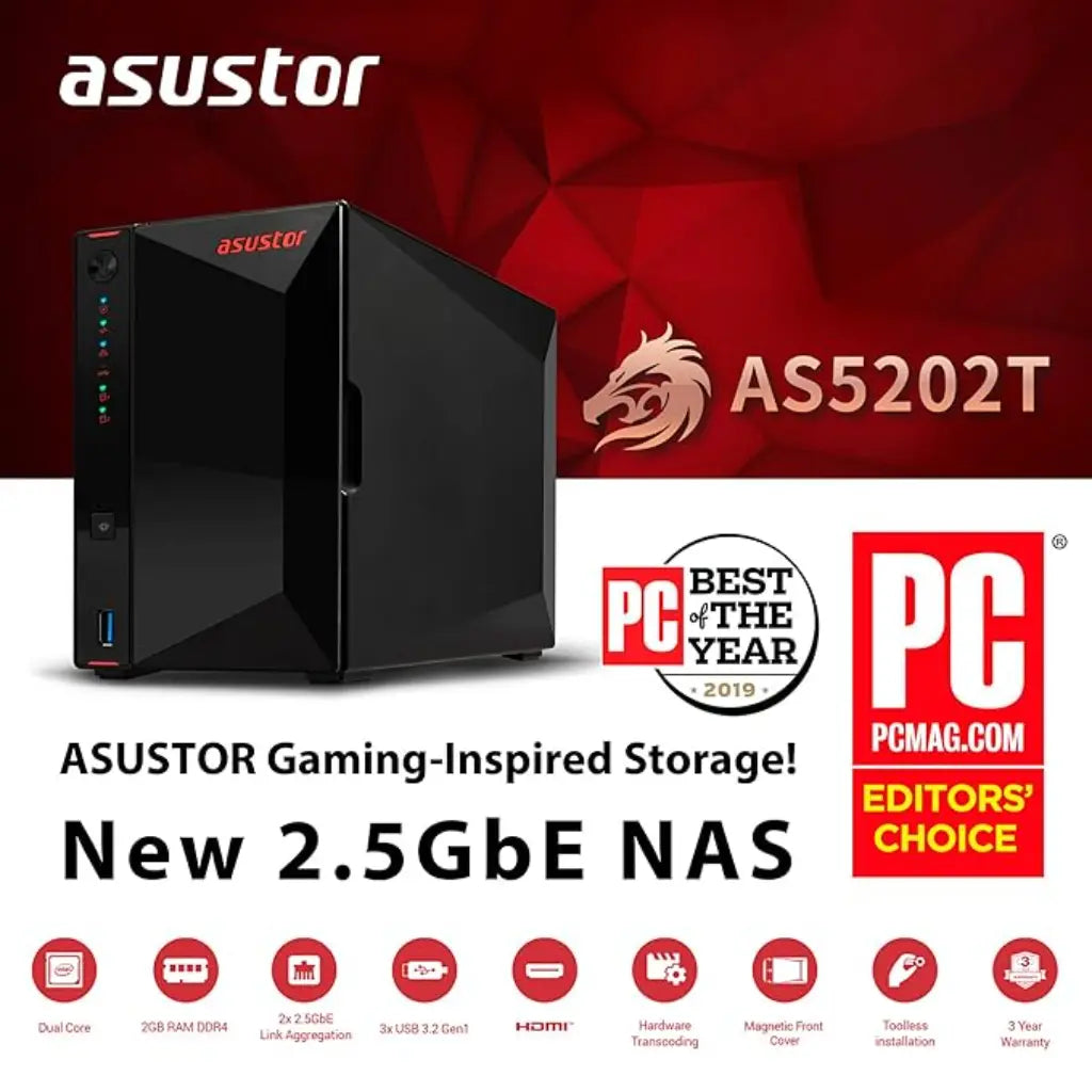 Asustor AS5202T 2‑Bay 2.5GbE NAS Intel Celeron J4005 2GB DDR4 HDMI 4K NAS-tpstech.in