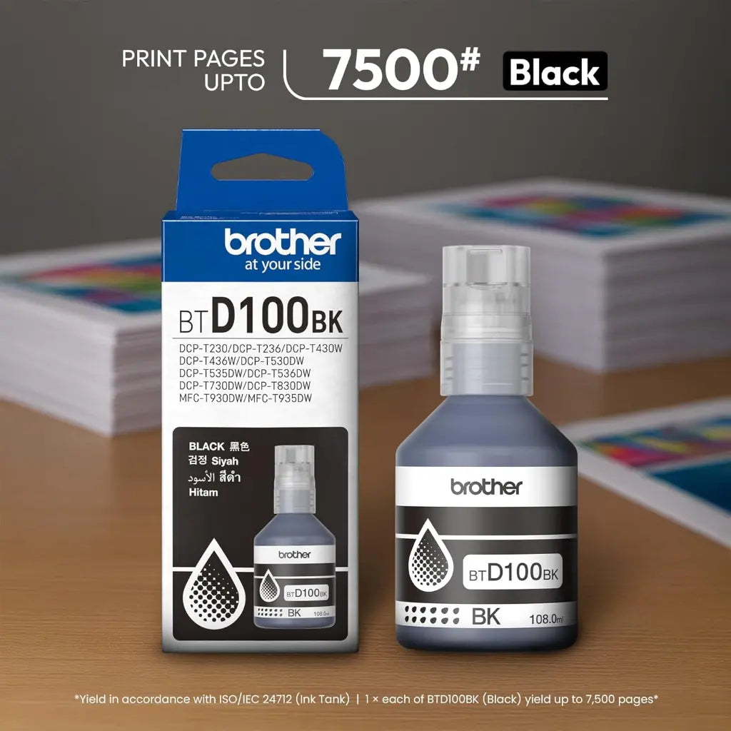 Brother BTD100BK Black Original Ink Bottle 108ml Ultra High Yield 7500 Pages-tpstech.in