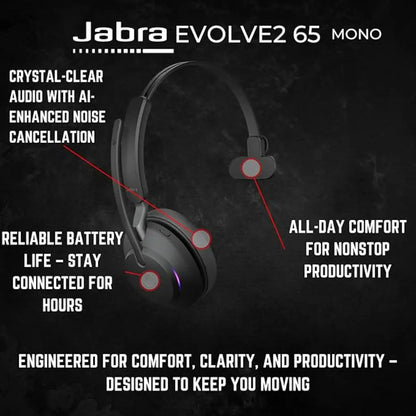 Jabra Evolve2 65 MS Mono Wireless Bluetooth Headset USB‑A - Black-tpstech.in