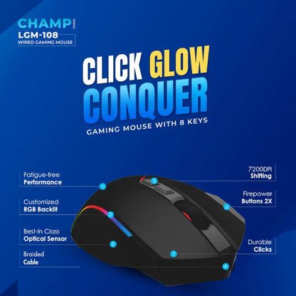 Lapcare Champ LGM-108 Wired RGB Gaming Mouse with 7200 DPI & Anti Slip Grip-tpstech.in