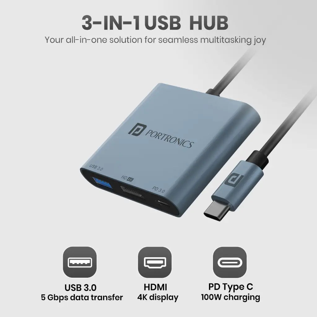 Portronics C Konnect Plus POR 2187 3 in 1 Type C Hub with 4K HDMI USB 3.0-tpstech.in