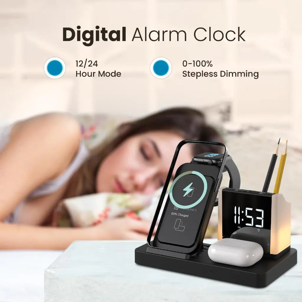 Portronics Hexacharge POR 2128 6‑in‑1 15W Fast Wireless Charging Station with Digital Alarm Clock-tpstech.in