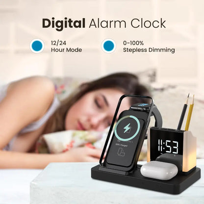 Portronics Hexacharge POR 2128 6‑in‑1 15W Fast Wireless Charging Station with Digital Alarm Clock-tpstech.in