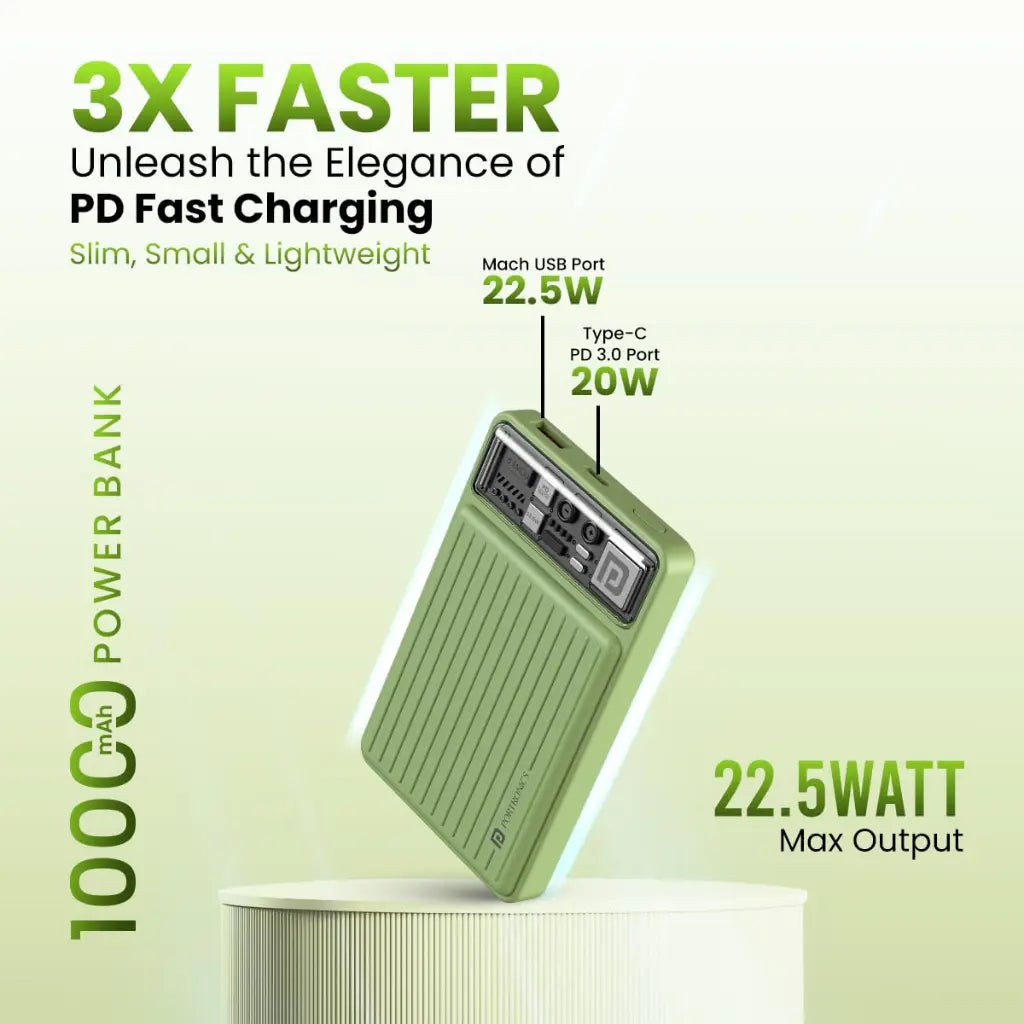 Portronics Luxcell Mini 10K 10000mAh Power Bank 22.5W Fast Charging - Green-tpstech.in