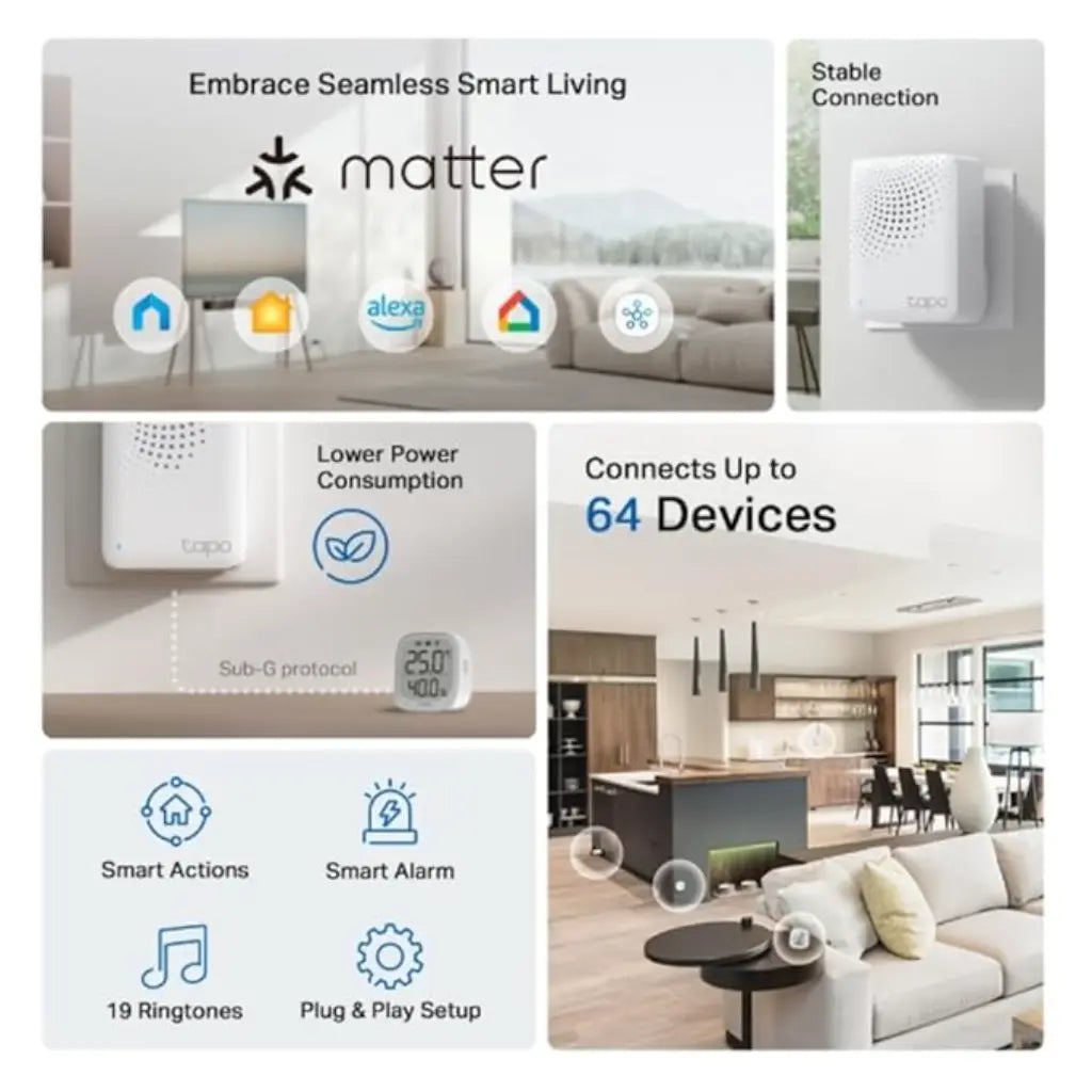TP-Link Tapo H100 Smart Hub with Chime Connect Up to 64 Devices Smart Alarm & Doorbell Support-tpstech.in
